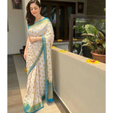 Women's Silk Blend Woven Kanjivaram Saree With Unstitched Blouse (5.5Mtr, White Rama)