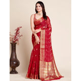 Women's Silk Blend Printed Banarasi Saree With Unstitched Blouse (5.5Mtr, Dark Rani)