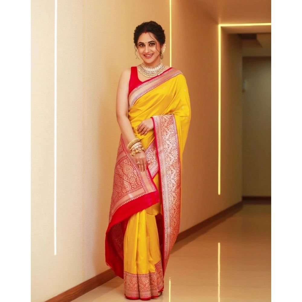 Women's Silk Blend Self Design Banarasi Saree With Unstitched Blouse (5.5Mtr, Yellow Red)