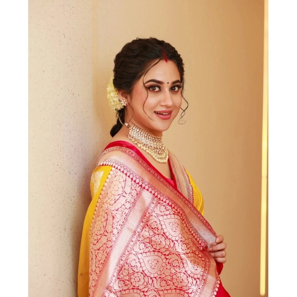 Women's Silk Blend Self Design Banarasi Saree With Unstitched Blouse (5.5Mtr, Yellow Red)