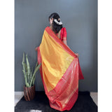Women's Silk Blend Woven Kanjivaram Saree With Unstitched Blouse (5.5Mtr, Yellow Red)
