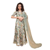Green chiffon printed lehenga choli set for girls, half-sleeve V-neck traditional Indian outfit on mannequin