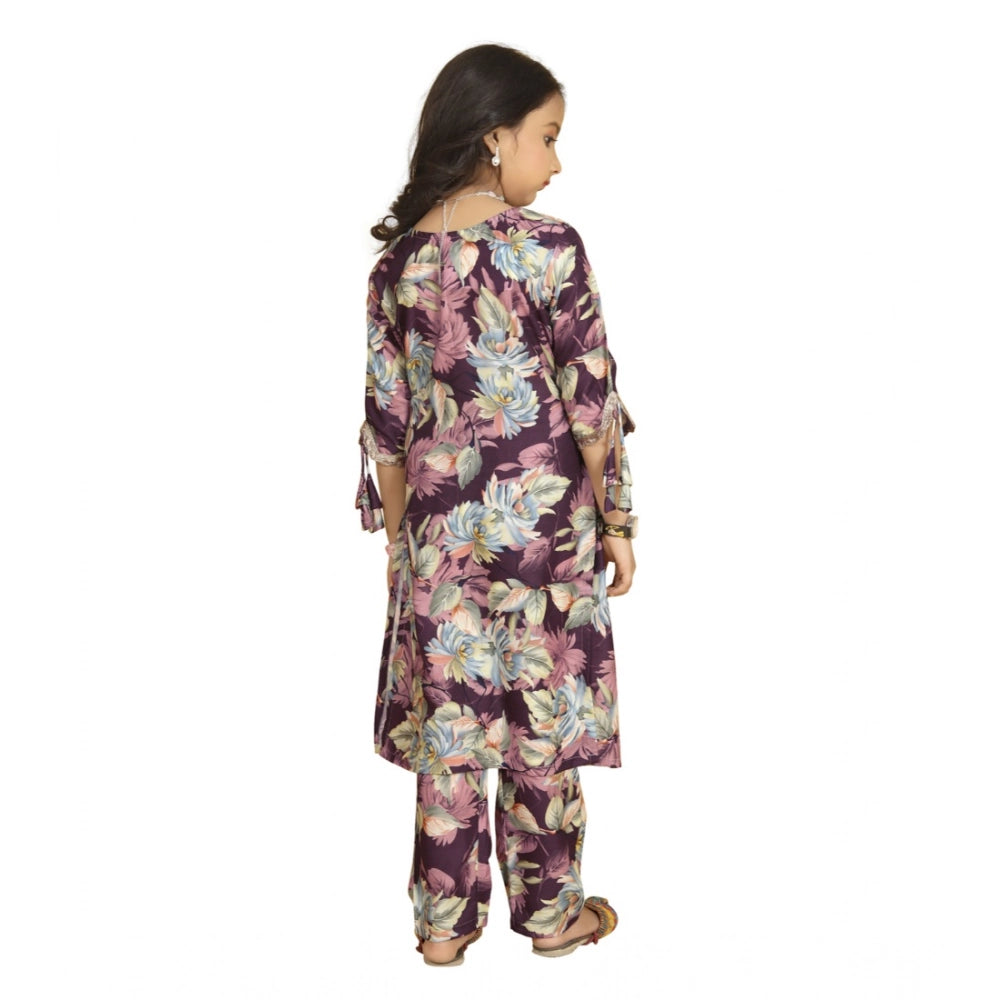 Purple Maslin Embroidery Lace Aliya Cut Top & Bottom Dupatta Set, 3/4 sleeve V-neck style traditional Indian clothing on mannequin