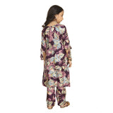 Purple Maslin Embroidery Lace Aliya Cut Top & Bottom Dupatta Set, 3/4 sleeve V-neck style traditional Indian clothing on mannequin