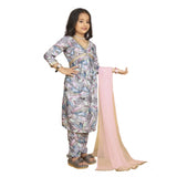 Grey Maslin Embroidery Lace Aliya Cut Top & Bottom Dupatta Set, V-neck with 3-4th sleeves on mannequin