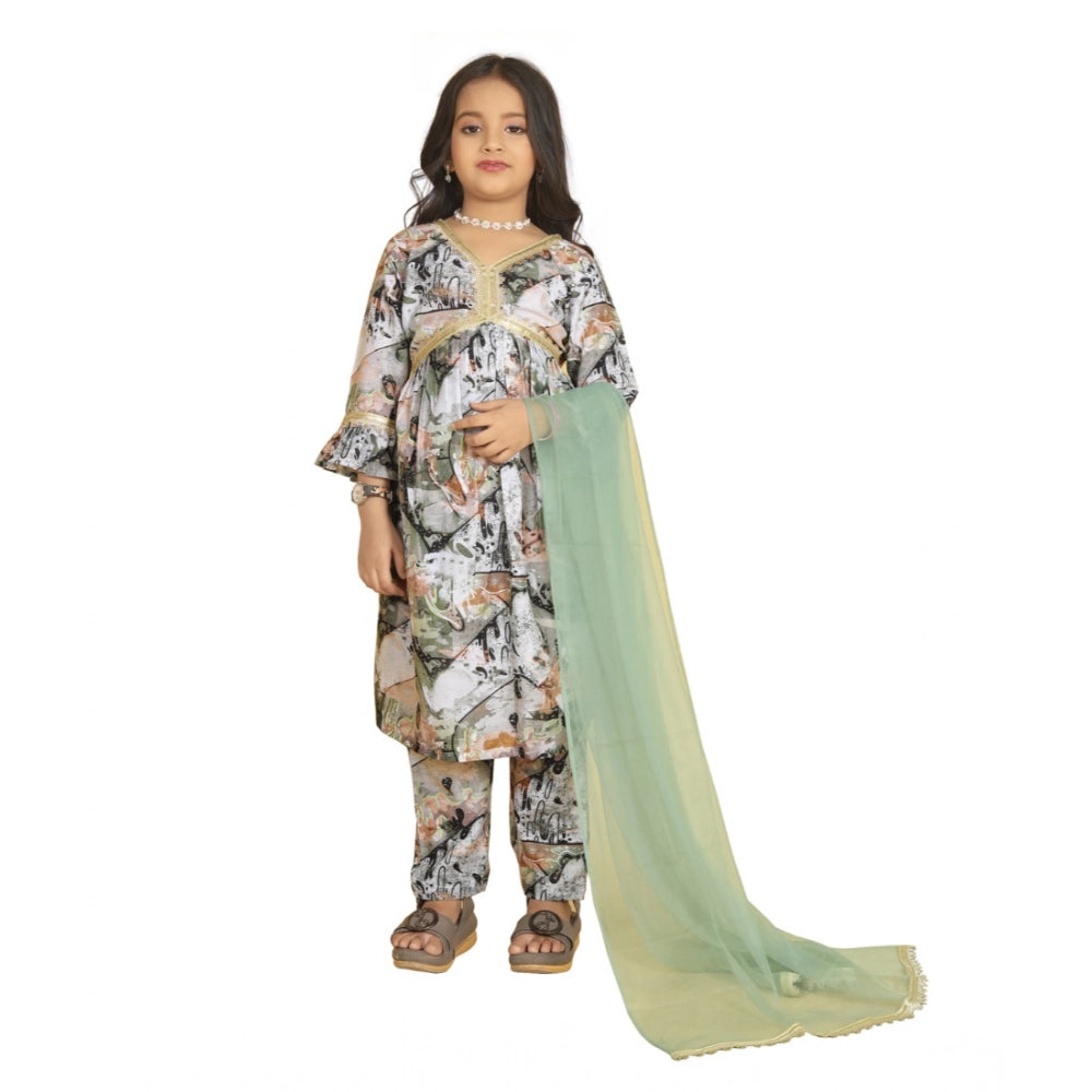 Green Maslin Embroidery Lace Aliya Cut Top & Bottom Dupatta Set on mannequin