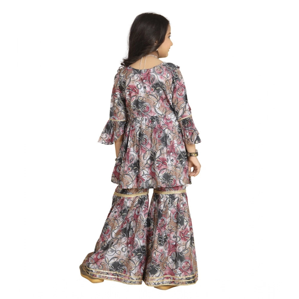 Pink Maslin Embroidery Lace Aliya Cut Top with Sharara Dupatta Set, V-neck, 3-4th sleeve style