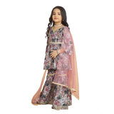 Pink Maslin Embroidery Lace Aliya Cut Top with Sharara Dupatta Set - V Neck, 3-4th Sleeve, embroidered Indian girls partywear on mannequin