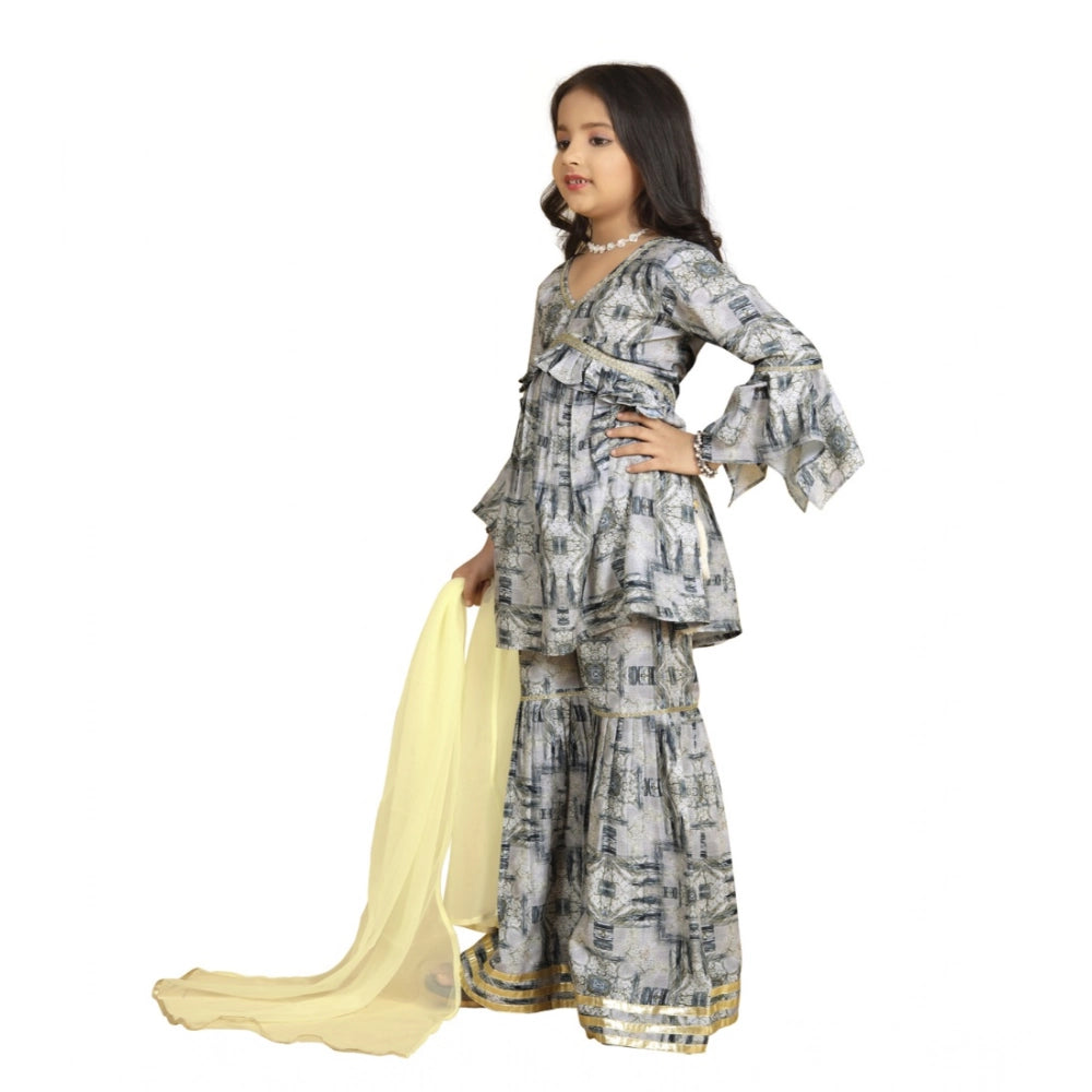 Grey Maslin Embroidery Lace Aliya Cut Top with Sharara Dupatta Set - V-neck, 3-4th sleeve style for girls' traditional Indian fashion wear