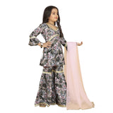 Grey pink Maslin embroidery lace Aliya cut top with Sharara dupatta set, traditional Indian outfit for girls