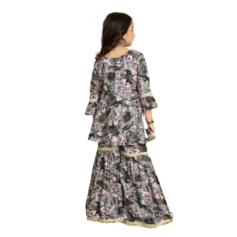 Grey pink Maslin embroidery lace Aliya cut top with Sharara dupatta set - V neck, 3-4th sleeve style for traditional Indian fashion