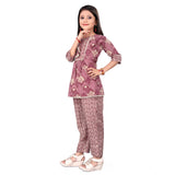 Purple cotton printed girl's top & bottom set, 3/4 sleeve round neck style - vibrant pattern for casual wear