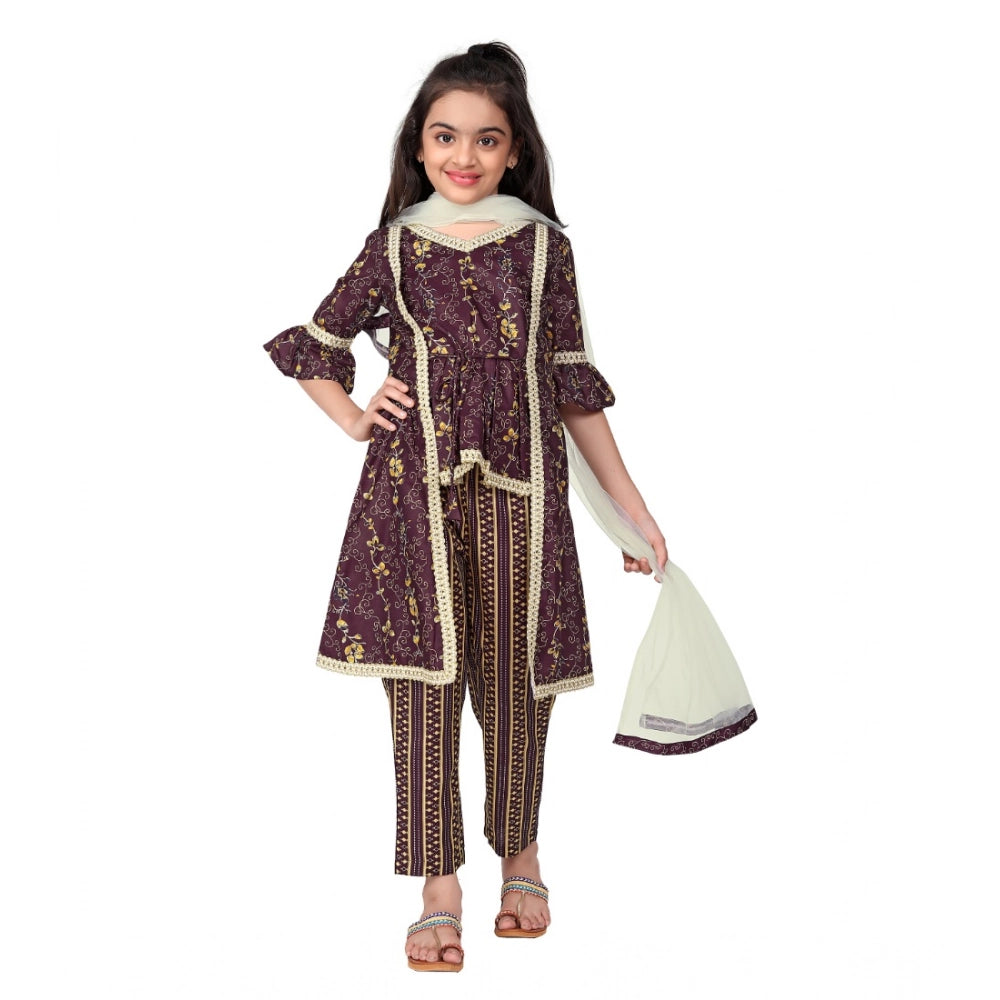 Maroon cotton embroidery lace shrug kurti with bottom dupatta set, vintage-style women's outfit