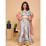 Blue chiffon printed lehenga-choli set, sleeveless off-shoulder style, traditional Indian bridal wear for girls