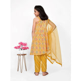 Yellow cotton printed kurti with bottom dupatta set, sleeveless round neck design for girls' traditional Indian wear