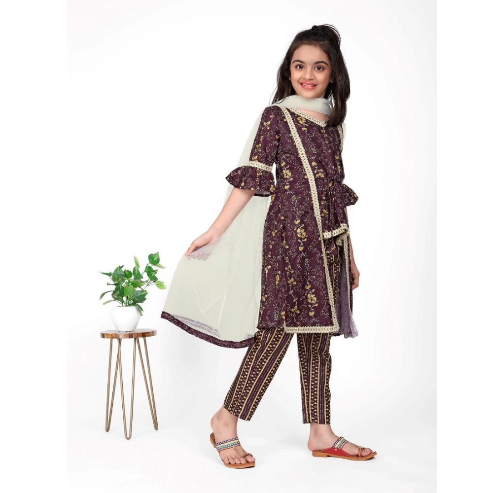 Maroon cotton embroidery lace shrug kurti with bottom dupatta set - V neck, 3-4th sleeve