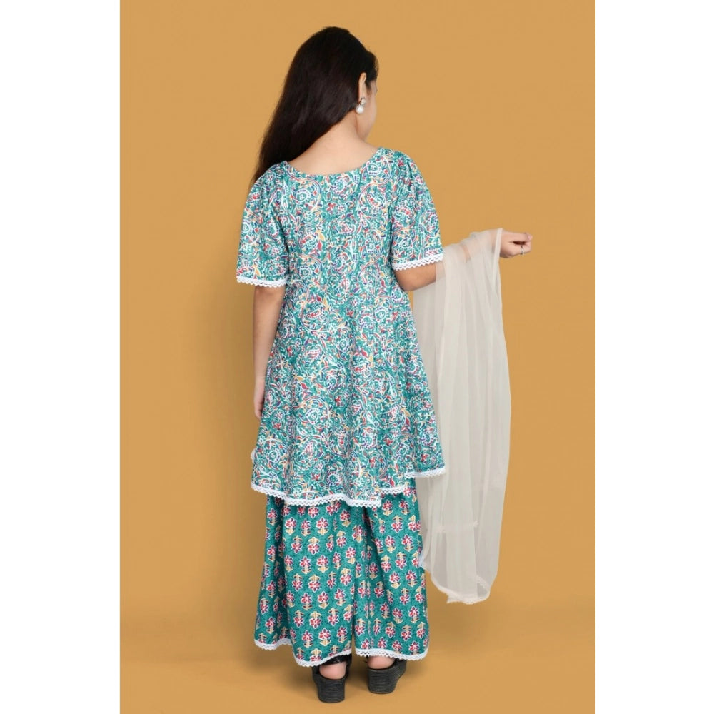 Teal silk blend floral printed shiffli lace top sharara & dupatta set for girls, vibrant floral detailing on soft shiffli lace fabric