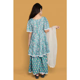 Teal silk blend floral printed shiffli lace top sharara & dupatta set for girls, vibrant floral detailing on soft shiffli lace fabric