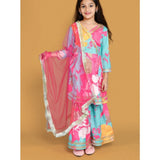 Multicolor rayon printed codding lace Anarkali-style suit for girls on display stand