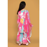 Multicolor rayon printed Anarkali-style suit with 3/4 sleeve and v neck, codding lace detailing for girls fashion