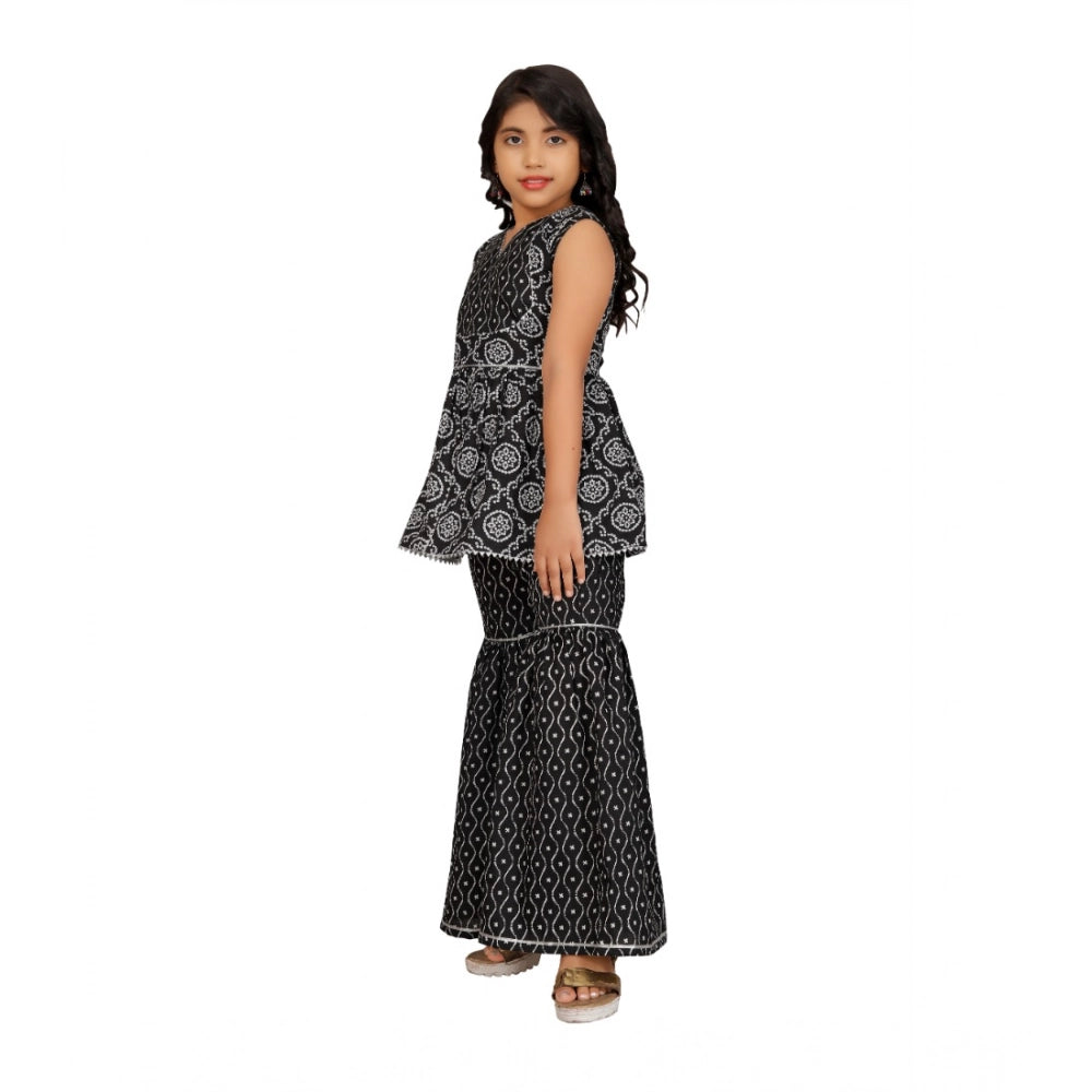 Black cotton rayon printed top and sharara set for girls, sleeveless V-neck, vibrant print design