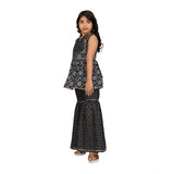 Black cotton rayon printed top and sharara set for girls, sleeveless V-neck, vibrant print design