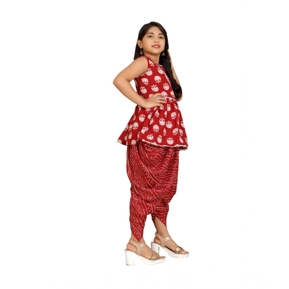 Maroon cotton rayon printed girl's top & dhoti set with dupatta - vibrant, sleeveless round neck style for traditional Indian attire