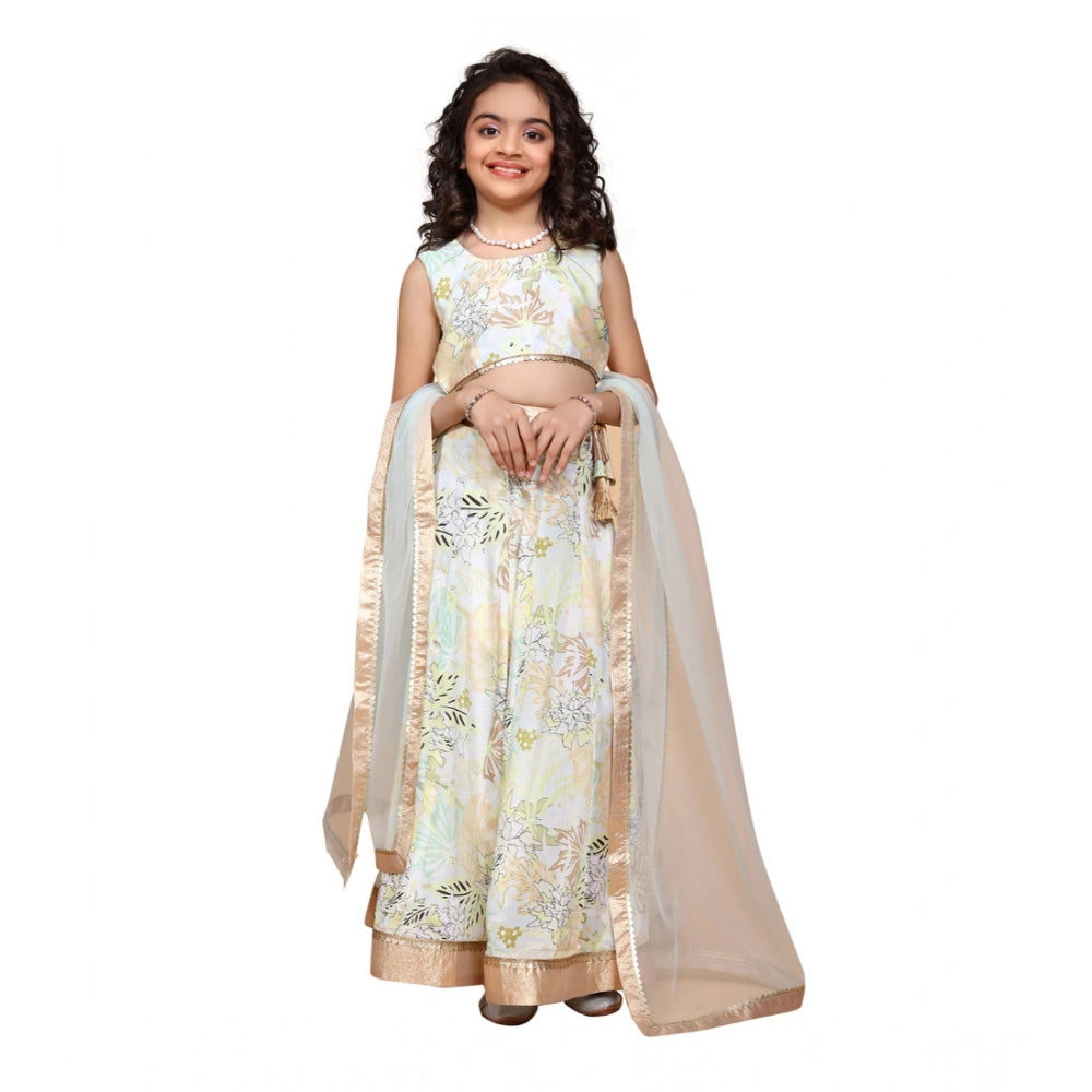 Green chiffon printed lehenga choli set for girls, sleeveless round neck design, vibrant patterns showcased on a mannequin