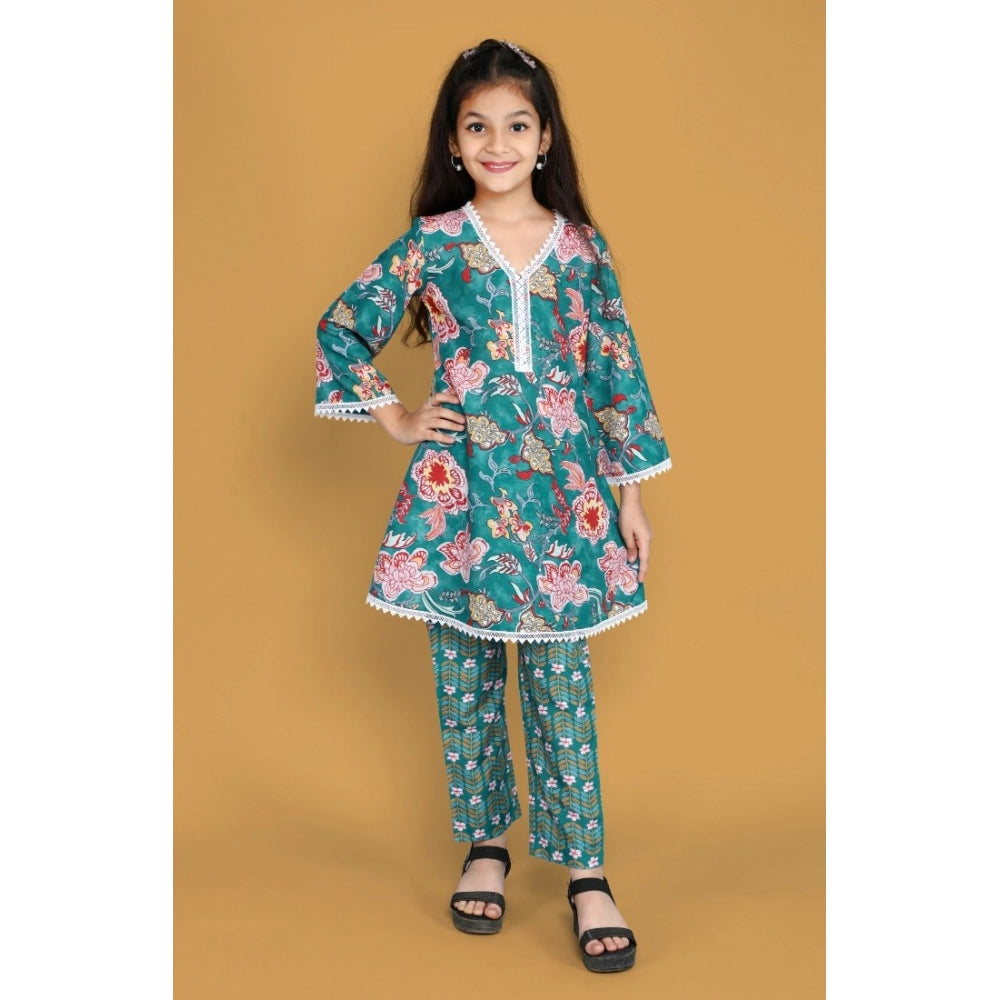Teal silk blend floral printed shiffli lace salwar kameez dupatta set for girls, vibrant floral pattern on traditional Indian attire