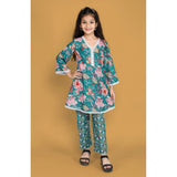 Teal silk blend floral printed shiffli lace salwar kameez dupatta set for girls, vibrant floral pattern on traditional Indian attire