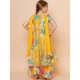 Yellow rayon printed codding lace Anarkali-style suit for girls on hanger