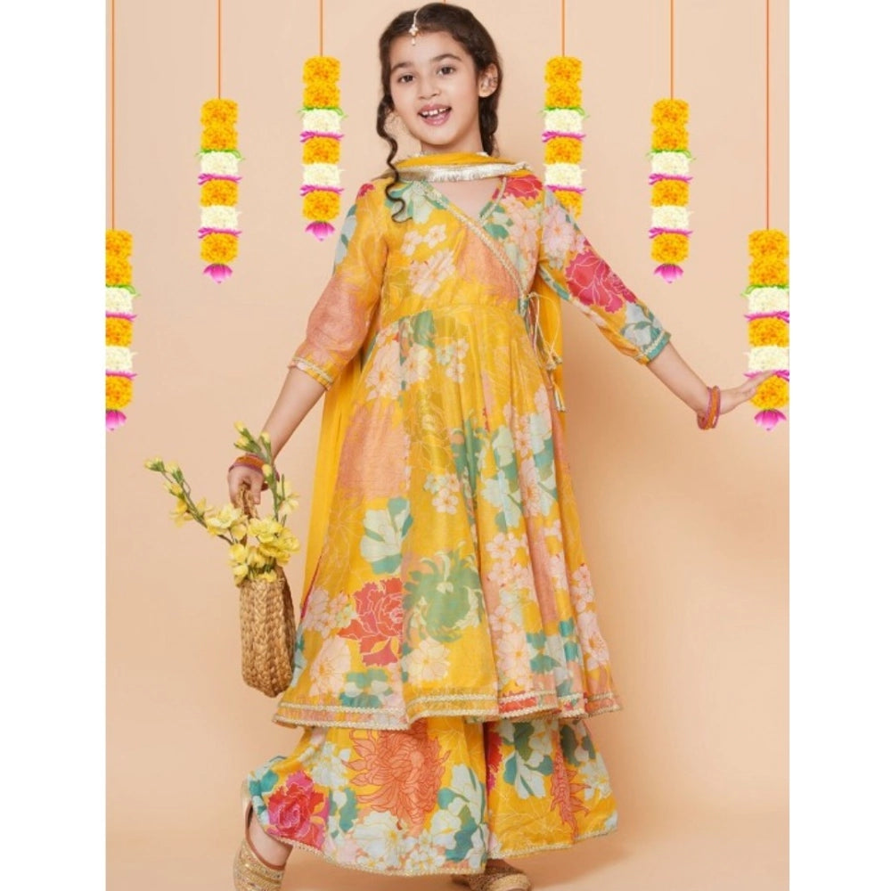 Yellow rayon printed codding lace Anarkali-style suit for girls on mannequin