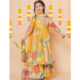 Yellow rayon printed codding lace Anarkali-style suit for girls on mannequin