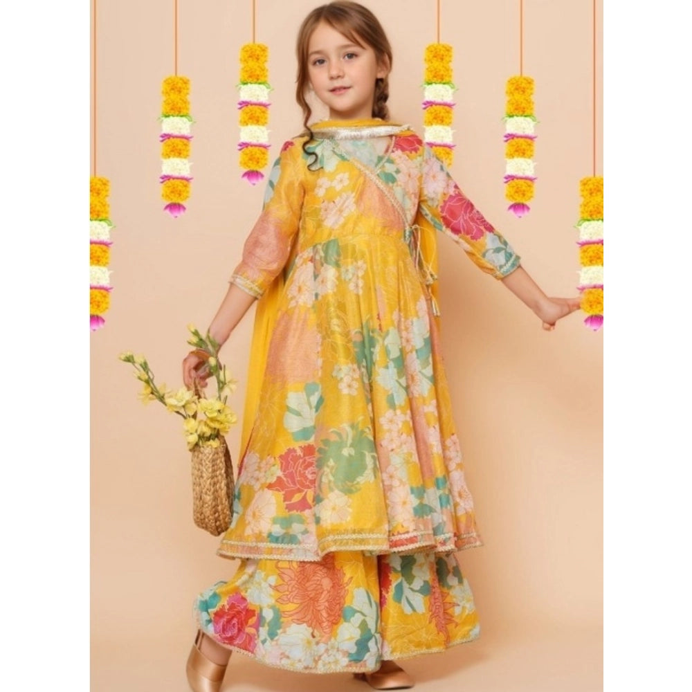 Yellow rayon printed codding lace Anarkali-style suit for girls, featuring a V-neck and 3/4th sleeves