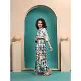Multicolor Maslin print crop top & skirt set for girls, half sleeve, round neck
