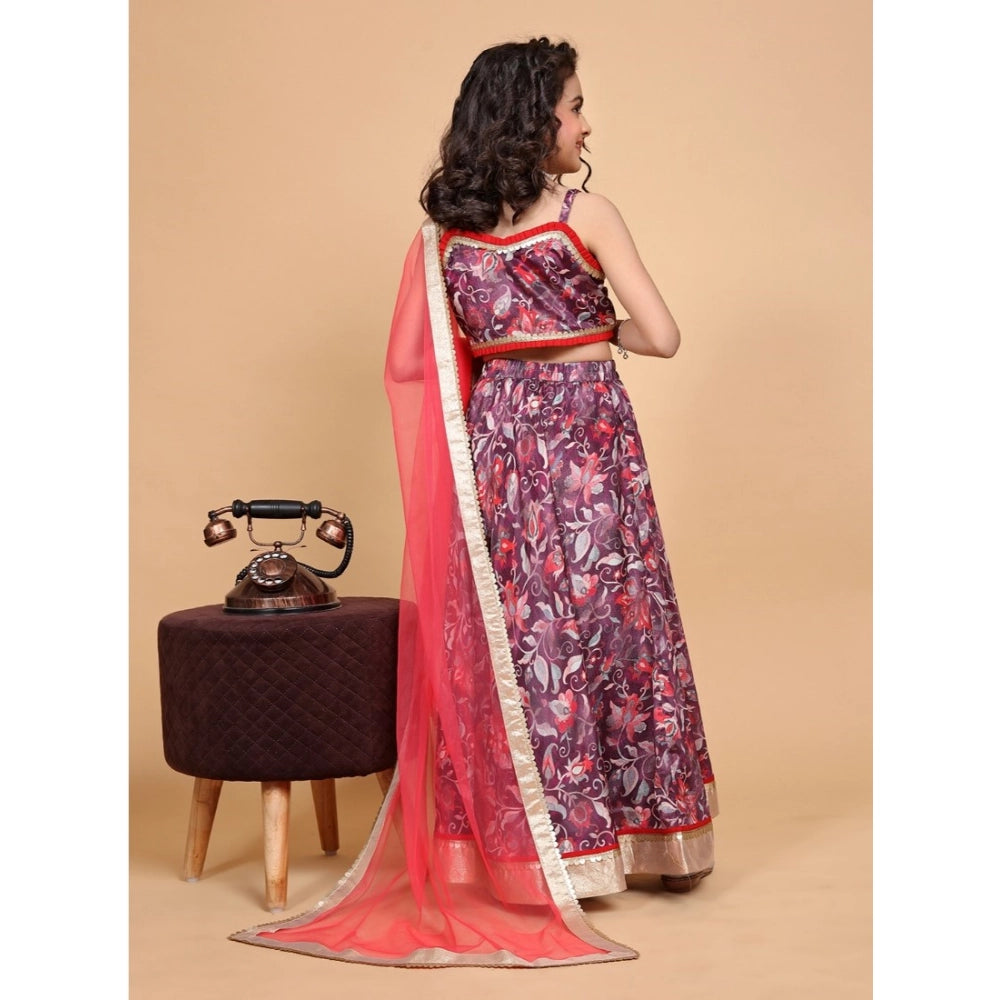Maroon chiffon printed lehenga-choli set for girls, sleeveless v-neck traditional Indian outfit on mannequin