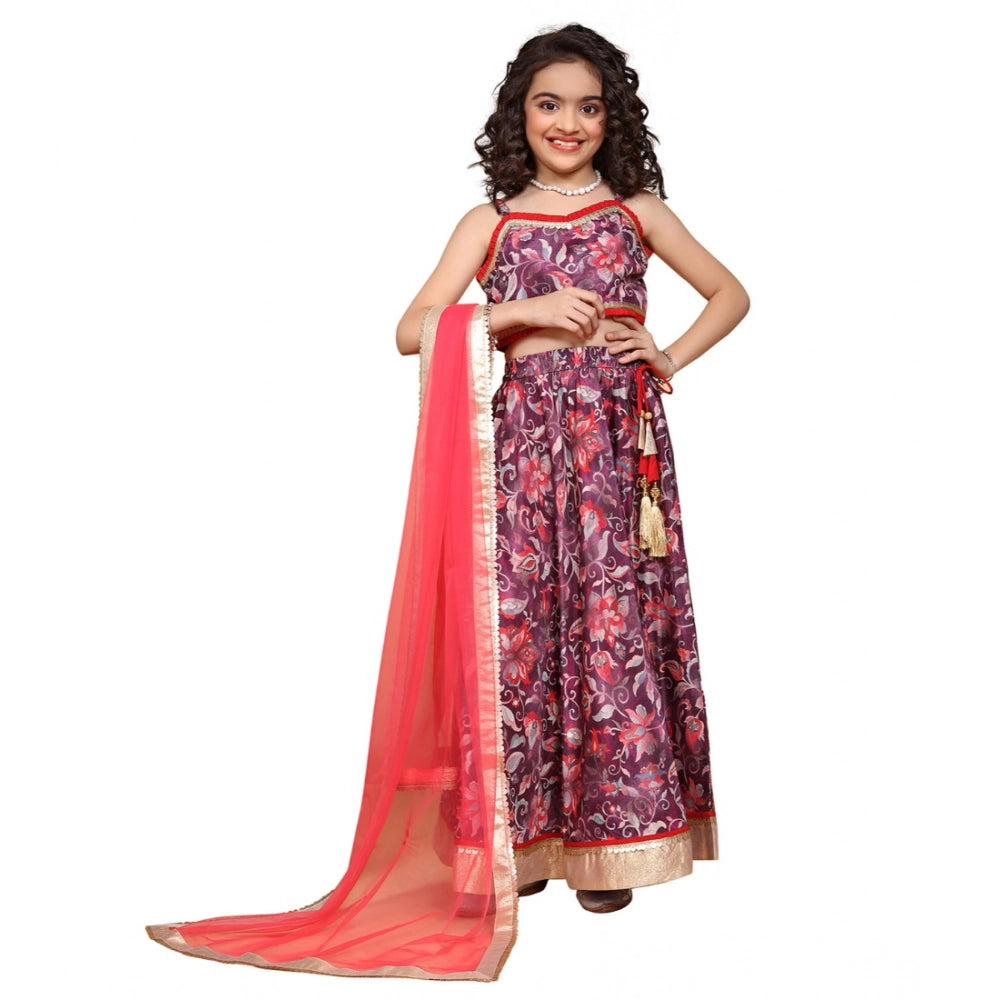 Maroon chiffon printed girl's lehenga-choli set, sleeveless v-neck design