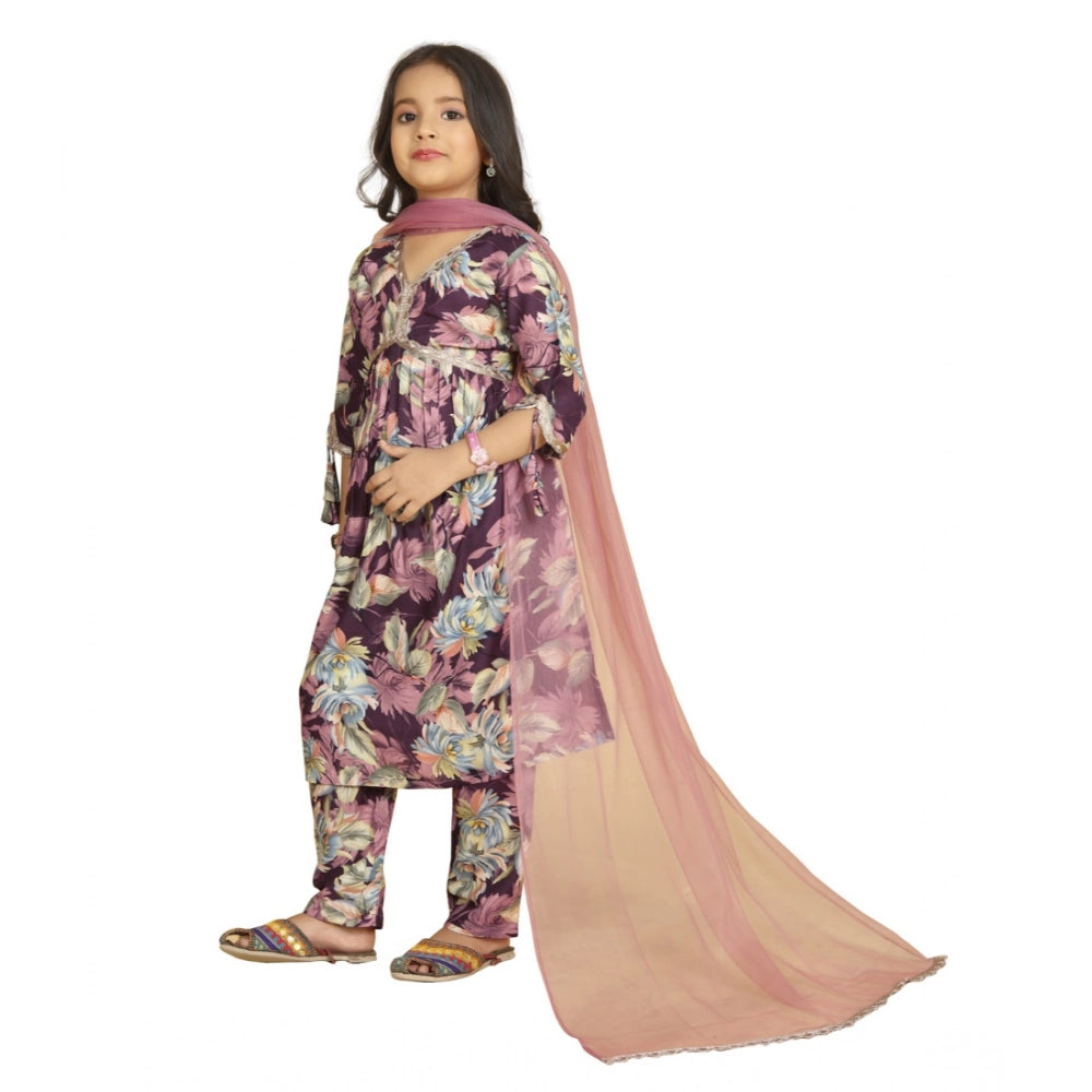 Purple Maslin Embroidery Lace Aliya Cut Top & Bottom Dupatta Set on mannequin, 3-4th sleeve V-neck style