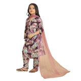 Purple Maslin Embroidery Lace Aliya Cut Top & Bottom Dupatta Set on mannequin, 3-4th sleeve V-neck style