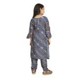 Blue Maslin Embroidery Lace Aliya Cut Top & Bottom Dupatta Set - Traditional Indian fashion for girls with 3-4th sleeve, V-neck design