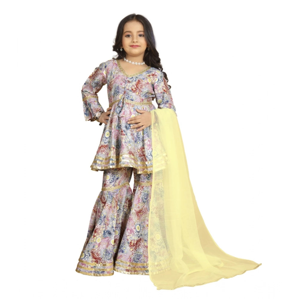 Baby Pink Maslin Embroidery Lace Aliya Cut Top with Sharara Dupatta Set, 3-4th sleeve V neck on fashion mannequin