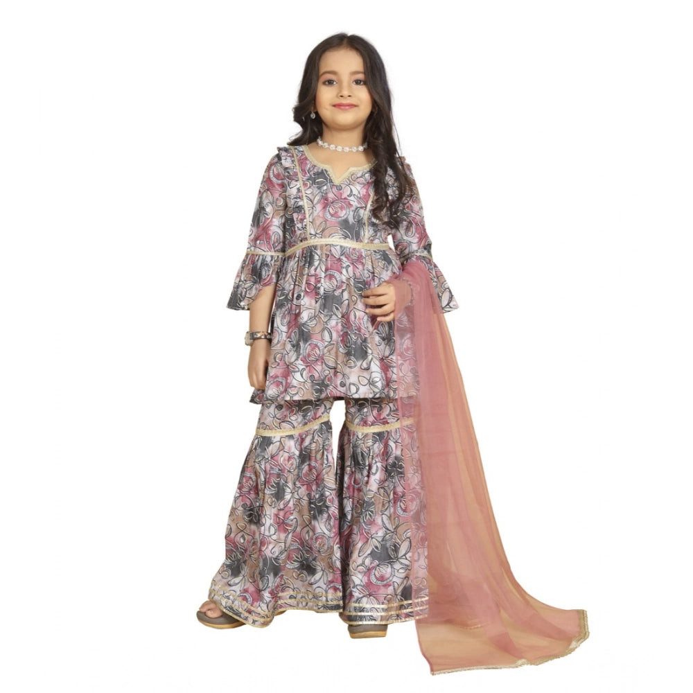 Pink Maslin Embroidery Lace Aliya Cut Top with Sharara Dupatta Set, 3-4th sleeve V-neck style traditional Indian attire for girls