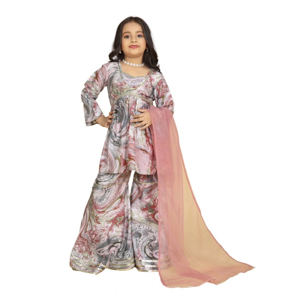 Pink Maslin Embroidery Lace Aliya Cut Top with Sharara Dupatta Set - V-neck, 3-4th sleeve, intricate embroidery detail