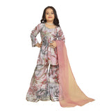 Pink Maslin Embroidery Lace Aliya Cut Top with Sharara Dupatta Set - V-neck, 3-4th sleeve, intricate embroidery detail