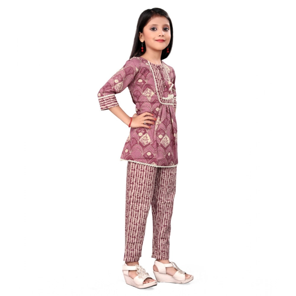 Purple cotton printed girl's top & bottom set, soft & breathable, vibrant design for play or dress-up