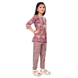 Purple cotton printed girl's top & bottom set, soft & breathable, vibrant design for play or dress-up