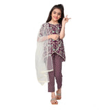Brown cotton printed kurti with bottom dupatta set, half sleeve round neck style for girls' fashion