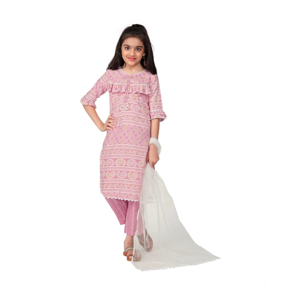 Baby Pink cotton printed kurti set with bottom dupatta, 3-4th sleeve, round neck, suitable for girls' fashion wear