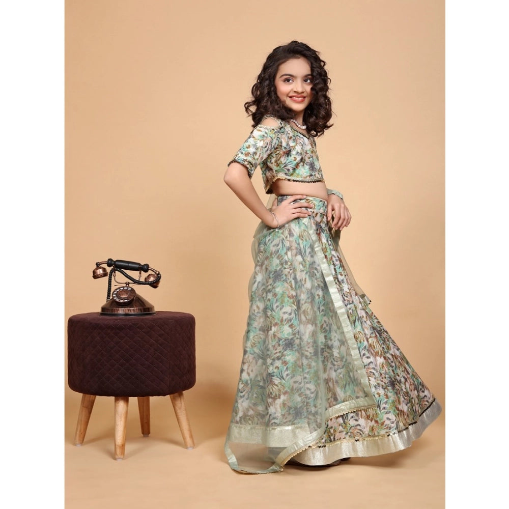 Green chiffon printed lehenga choli set, half sleeve, v neck for girls' traditional Indian wear
