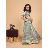Green chiffon printed lehenga choli set, half sleeve, v neck for girls' traditional Indian wear